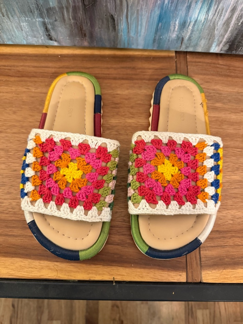 FARM Rio Granny Square Crochet Colorful Slide Sandals, size 7
